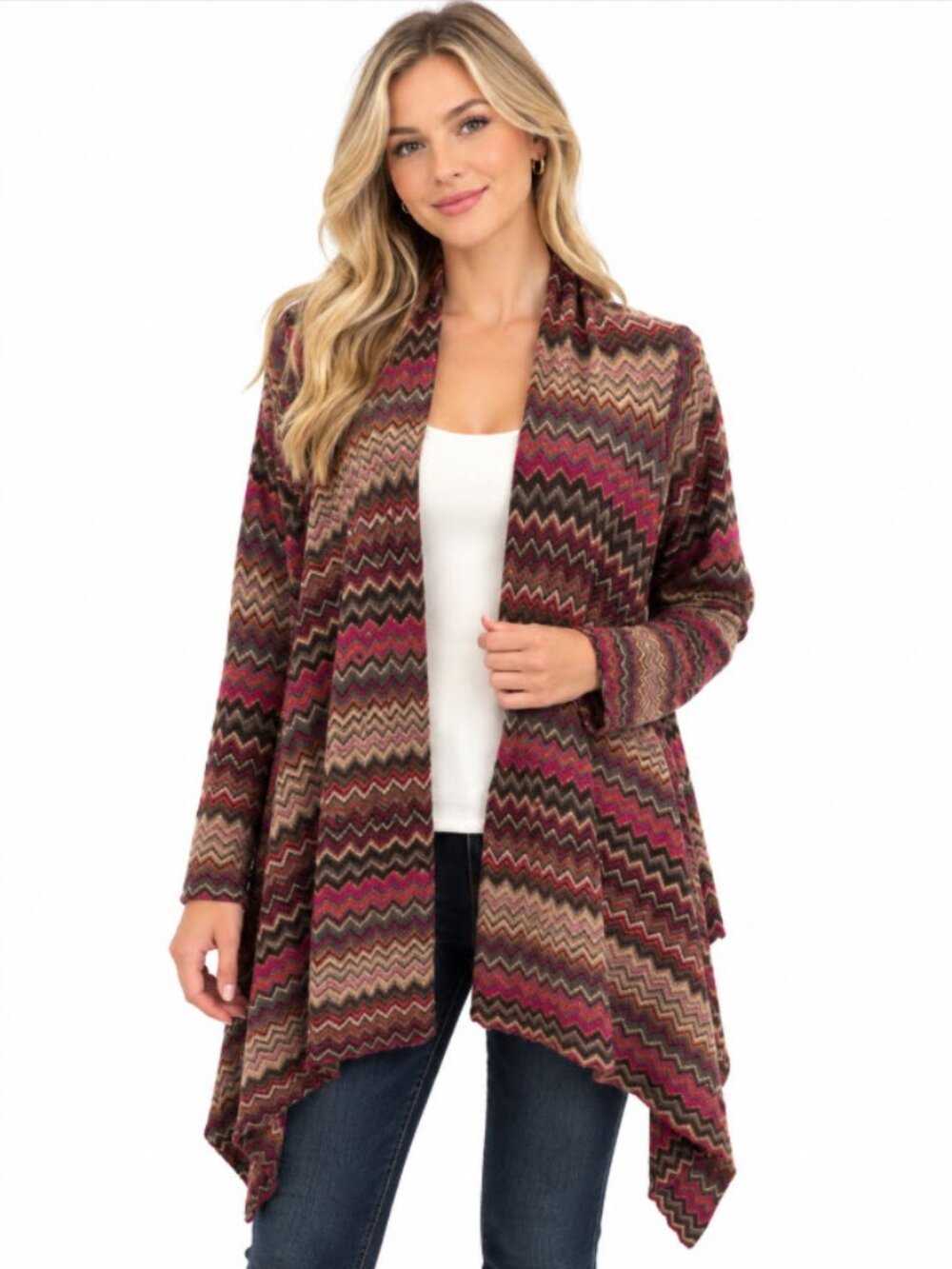 Kinross Cashmere 100% Cashmere Chevron Cardigan Waterfall Brown Pink M Boho
